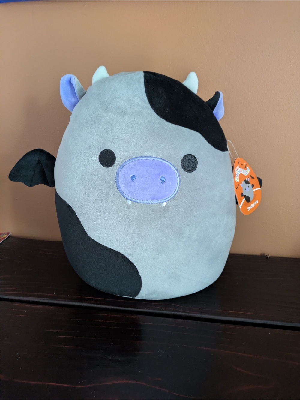 Squishmellow Gray and Black Plush Cow Bat Decorative Pillow - Soft Home Accent